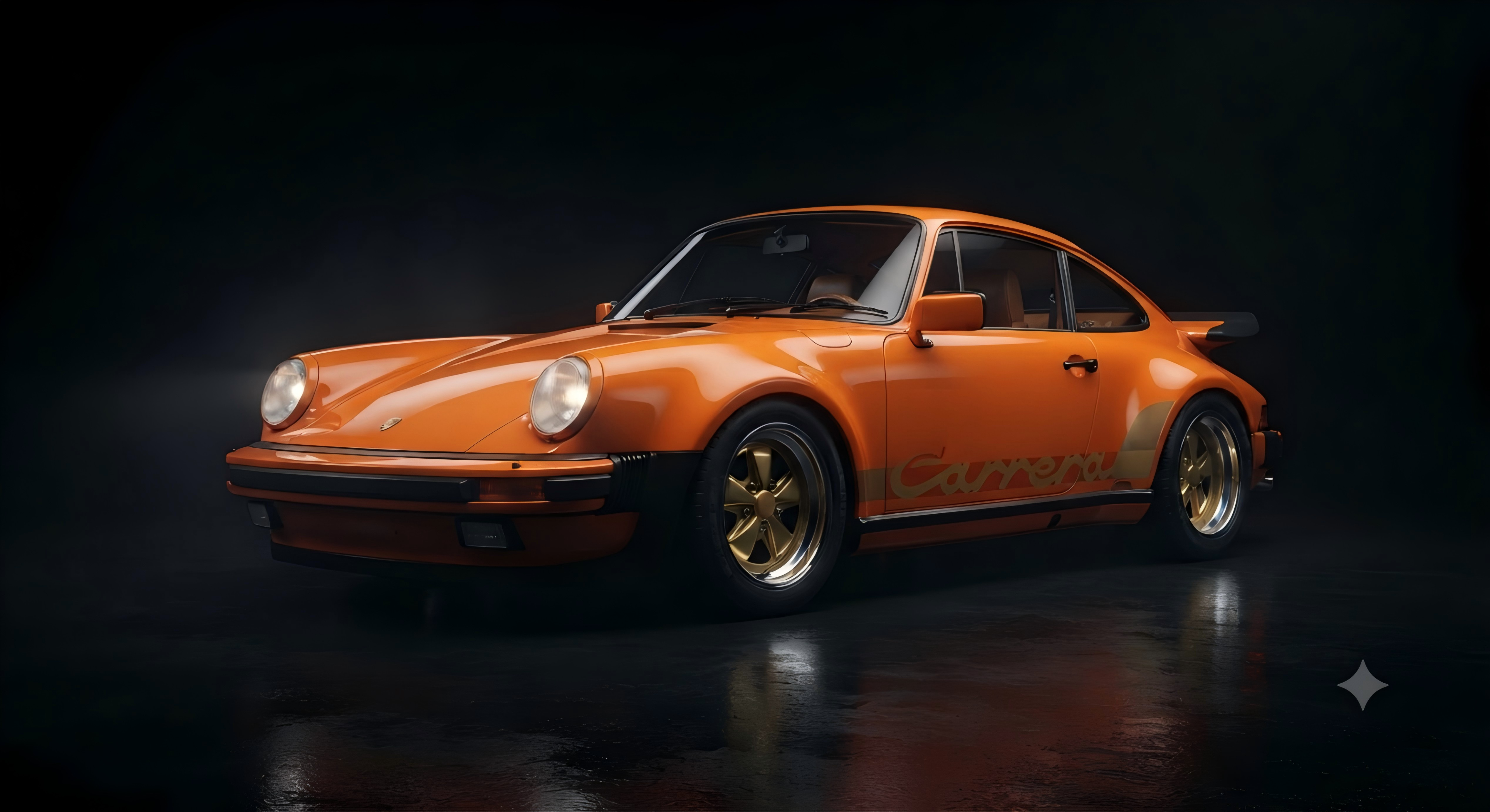 Classic Porsche 911 in a dark studio with its body panels open